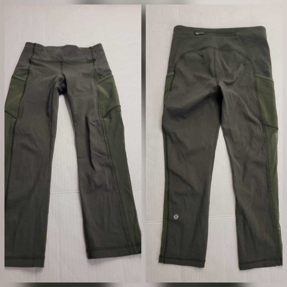 Lululemon Leggings Womens SZ 4 Speed Up 21" Dark Olive Green Mesh Pannel W6AOES